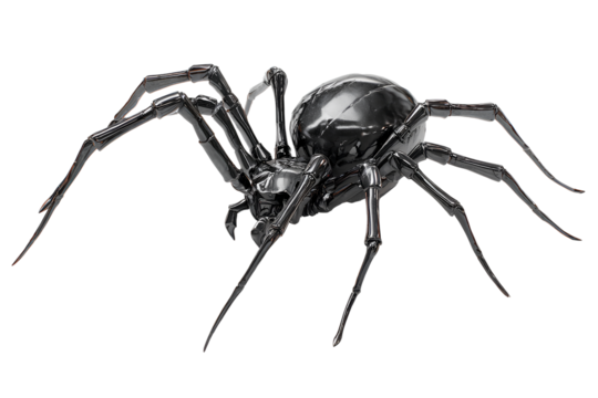 Glossy Black Spider Crawling Towards Viewer, Low-Angle Front Perspective, Transparent Background PNG
