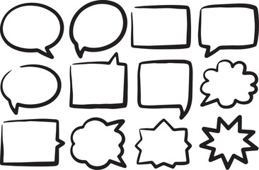 Hand drawn speech bubbles and comic elements isolated on transparent background
