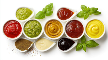 Variety of Colorful Sauces | Assortment in Small Cups on White Background