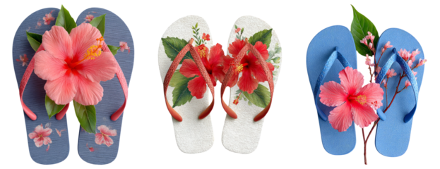 Colorful Flip Flops with Flower Designs on a Transparent Background