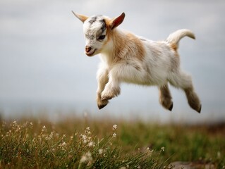 Playful Baby Goat Jumping in Meadow