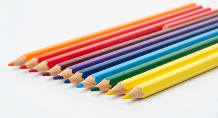 Fototapeta premium Vibrant colored pencils neatly arranged on white background showcasing bright light reflection. AI Generated