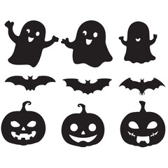 Halloween icons ghost bat witch hat skull coffin pumpkins