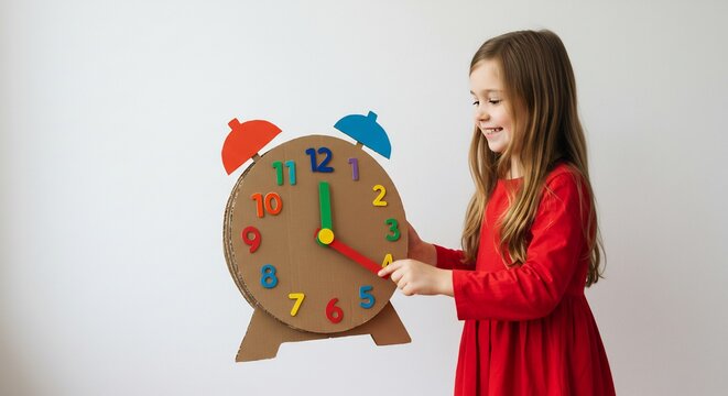Happy girl playfully adjusts colorful cardboard clock brightly lit room. AI Generated