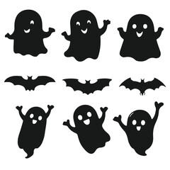 Black and white halloween vector silhouette set with spooky icons and elements