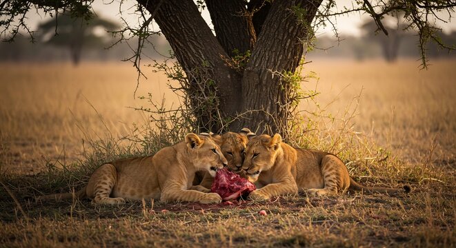 Two young lions peacefully share a meal under a warm golden sunset light. AI Generated