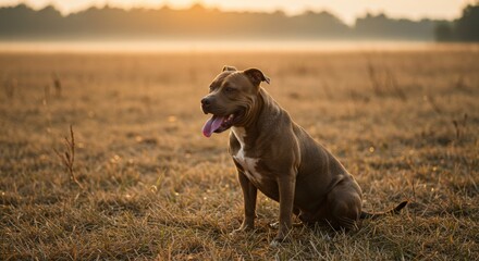 pic of pit bull dog | A brown dog sits proudly in a sunlit field at dawn, surrounded by tall grass and a serene landscape, evoking a sense of tranquility and companionship