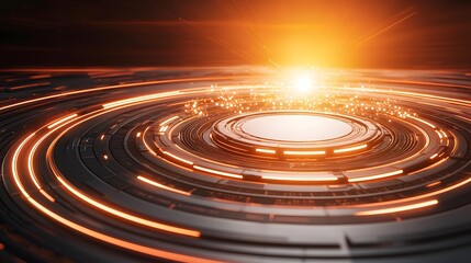 Fototapeta premium The image shows a futuristic, circular technological platform with glowing orange lines and particles emanating from the center, creating a dynamic and high-tech feel.