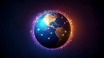 Obraz premium A digitally enhanced image of planet Earth, centered and prominently displayed against a dark space backdrop, is encircled by a vibrant web of interconnected nodes, illustrating global connectivity.