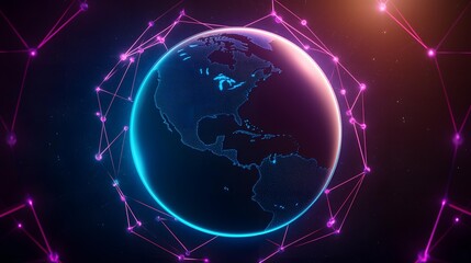 Obraz premium A digital rendering of the Earth, depicted as a glowing sphere composed of countless points of light, is encircled by a network of interconnected nodes and lines, radiating in vibrant pink and blue h