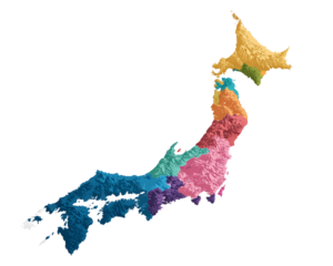 Detailed Colorful Regional Divisions Map of Japan Asia Geographic Country On Transparent Background, PNG