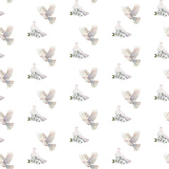 White doves on a white background, seamless watercolor pattern. Perfect for wedding stationery, packaging, greeting cards, backgrounds, romantic projects, and textiles.