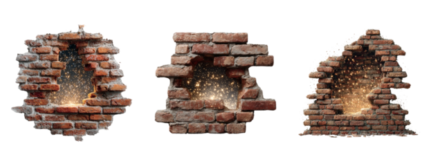 Broken Brick Wall with Magical Glow on Transparent Background