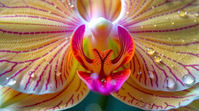Vibrant orchid flower showcases intricate patterns and delicate droplets of water, highlighting beauty and elegance of natures colorful artistry