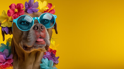  Funny dog with sunglasses and flowers | Hawaiian party costume concept