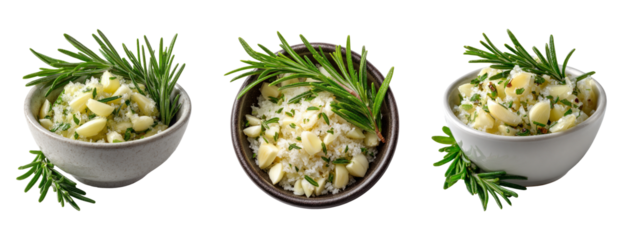 Fresh Herbs and Garlic with Rice on Transparent Background