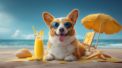  Corgi dog on the beach with sunglasses | Summer vacation and fun pet concept