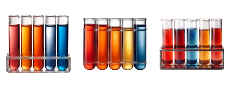 Colorful Liquid Samples in Test Tubes on Transparent Background