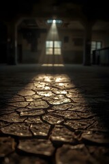 Moody abandoned industrial interior with dramatic light beams illuminating cracked dry ground texture, perfect for atmospheric backgrounds, design projects and conceptual wallpapers

