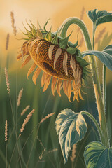 Photorealistic Illustration of a Drooping Sunflower Bathed in Warm Evening Light with Soft Grass in the Background