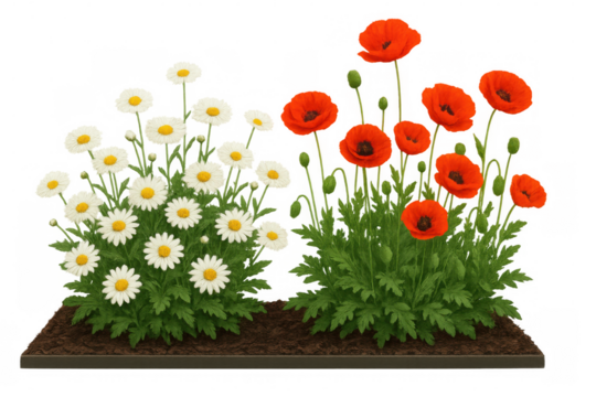 White daisies and vibrant red poppies blooming side by side on transparent backdrop, highlighting natural garden harmony