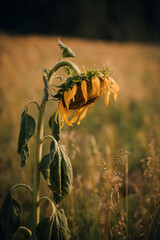 A Withered Sunflower Bowing in Warm Sunset Light Over a Soft-Focused Meadow