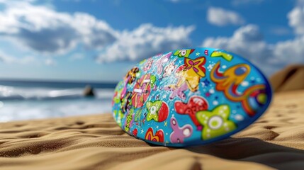 Cartoon-style surfboard with playful patterns leaning on sandy beach, summer fun 3D render