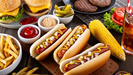 Summer Food Picnic Spread: Hotdogs, Burgers, and Fries,A Delicious Feast: Hot Dogs, Burgers, Fries, and Refreshing Iced Tea