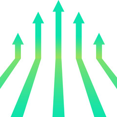 Green gradient arrows rising with perspective and depth on transparent background

