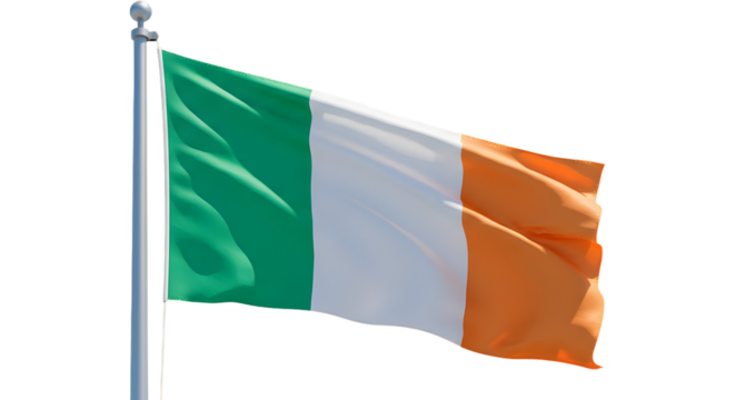 The Ireland flag waving in the wind, showcasing its vibrant colors of green, white, and orange against a bright sky, isolated on transparent background