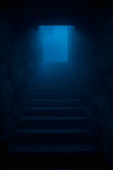 Dark mysterious staircase leading up with eerie blue light and fog, creating a cinematic, moody atmosphere perfect for horror, mystery, thriller concepts, backgrounds, wallpapers, and emotional design
