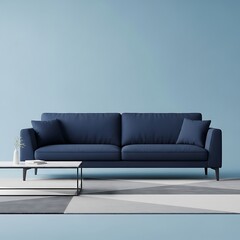 Fototapeta premium Serene Minimalist Living Room: Navy Sofa, Geometric Rug, and Pale Blue Walls