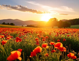 Fototapeta premium Sunrise over a field of poppies