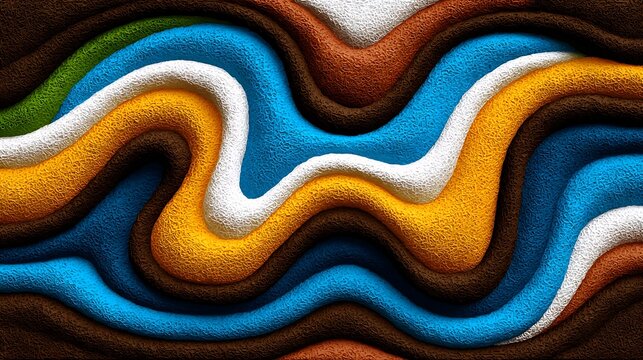 A symmetric abstract pattern made of continuous waveforms and loops in classic retro colors, designed as a seamless vector surface.