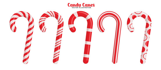 Candy cane red drawing clipart set. Candy canes in spiral, stripes, curve and dots pattern clip art collection for Christmas dessert decoration elements sweet and delicious vector illustration.
