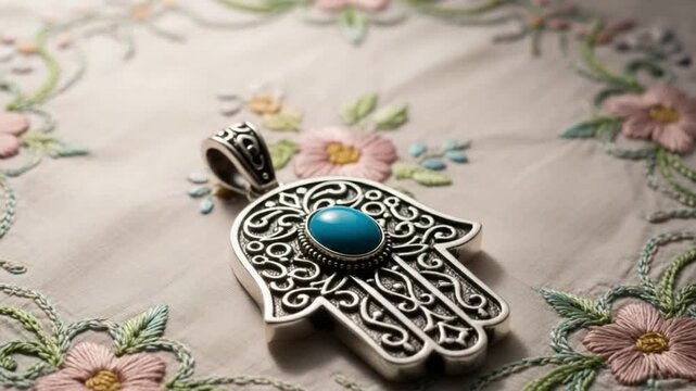 Hamsa Amulet Resting on Fabric Cloth for Protection Display