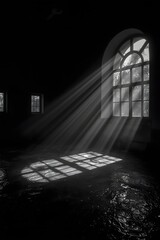 Dramatic black and white image of light rays streaming through arched window into a dark abandoned interior, creating a moody atmosphere ideal for backgrounds, wallpapers, and emotional conceptual use