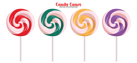 Candy canes lollipop colorful clipart set. Colorful lollipops in round swirl pattern clip art collection for Christmas sweet and tasty candy cane in white background vector illustration.
