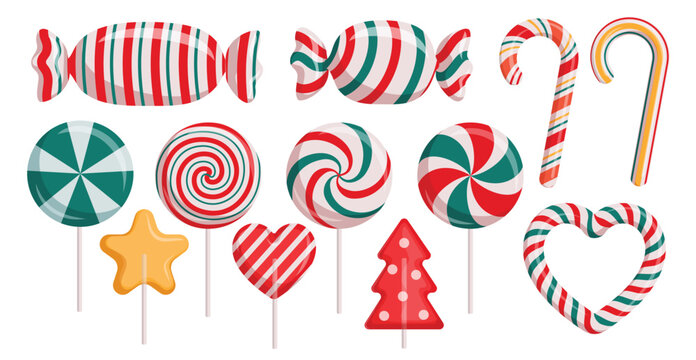 Candy canes colorful pattern clipart set. Sweet candy cane, lollipop and peppermint candy clip art collection with pattern and shape like spiral, stripes, swirl, pine tree, heart and star 