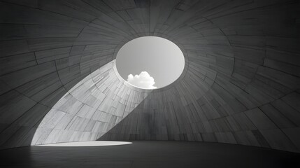 Modern architectural circular skylight opening in textured stone dome structure with view of cloudy sky, creating a minimalist, artistic, and clean background or wallpaper for design and architecture 