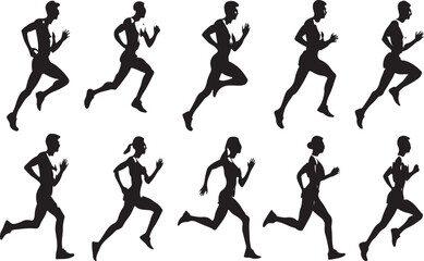 Dynamic Silhouettes Capturing the Essence of Running A Diverse Group Engaged in Athletic Activity and Forward Motion
