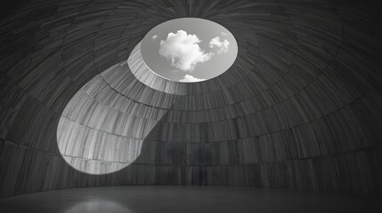 Modern architectural circular skylight opening in textured stone dome structure with view of cloudy sky, creating a minimalist, artistic, and clean background or wallpaper for design and architecture