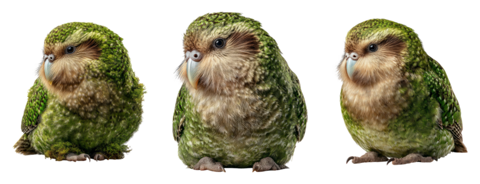 Colorful Green Bird on Transparent Background in Three Poses