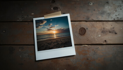 Sunset over ocean captured in polaroid on wooden surface  