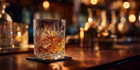 Glass of whiskey on wooden bar counter with warm ambient lighting