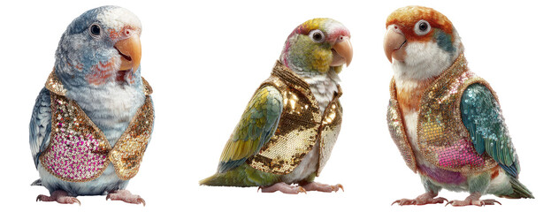 Fototapeta premium Colorful Parrots Wearing Sparkly Vests on Transparent Background