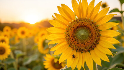 Fototapeta premium Sunflower blooming in field during sunset with warm lighting 