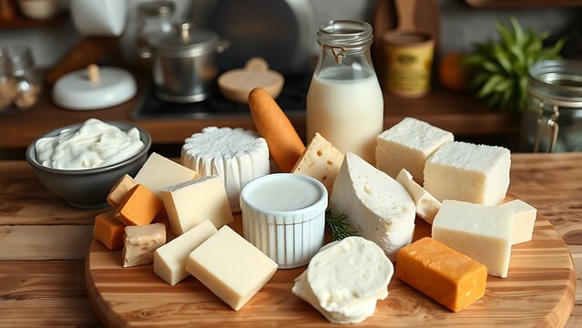 Assorted dairy products on wooden board, rustic kitchen setting with soft light.