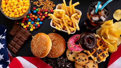 Unhealthy American Snacks Placed Over the American Flag, A Delicious Array of Unhealthy Food Laying On a Black Tablecloth