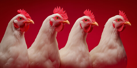 Four white chickens in a row against red background